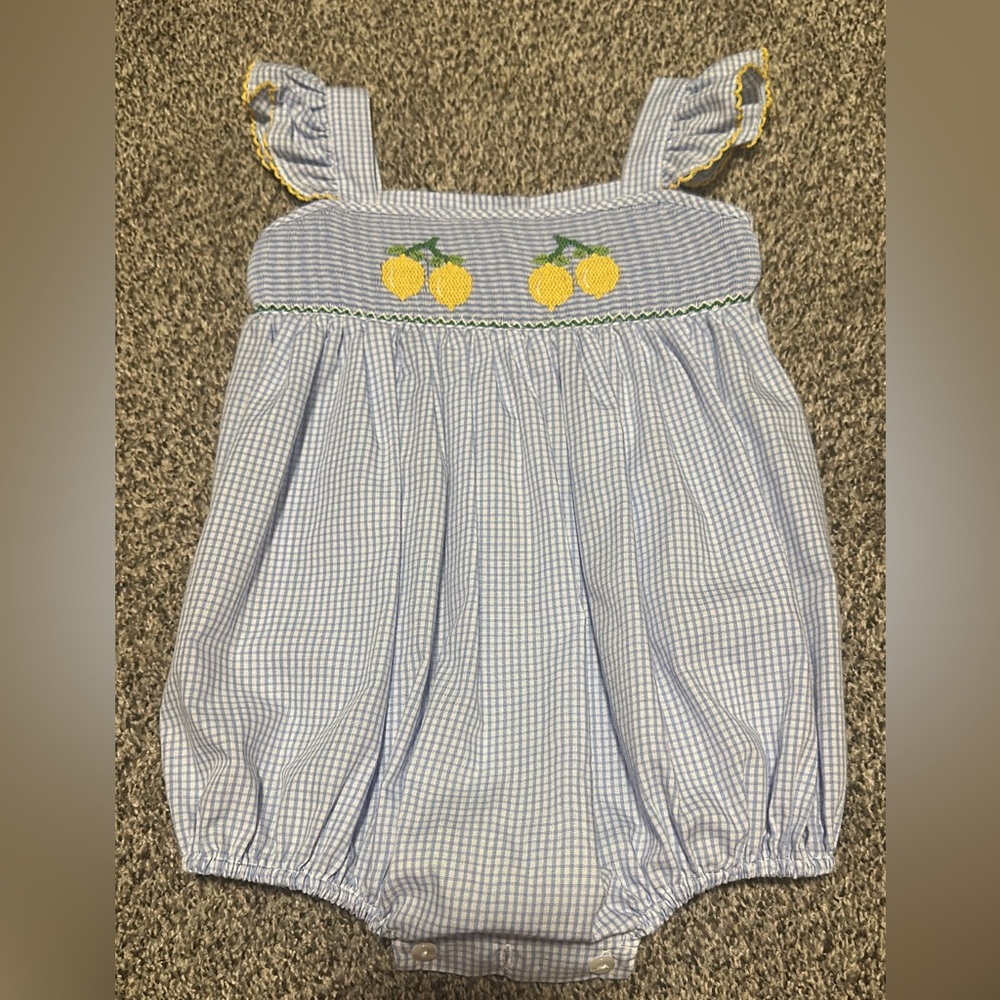 Blue and White Gingham Baby Romper with Smocked Lemon Embroidery